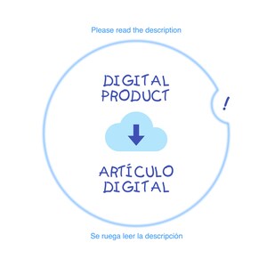 May include: A blue circle with the text "DIGITAL PRODUCT" and "ART&Iacute;CULO DIGITAL" inside. A blue cloud with a downward arrow is in the centre of the circle. The text "Please read the description" is above the circle and the text "Se ruega leer la descripci&oacute;n" is below the circle.