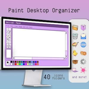 Puede incluir: Un monitor de computadora que muestra un organizador de escritorio Paint con temática púrpura. La pantalla muestra una interfaz de programa de pintura con un lienzo blanco y una barra de herramientas. Una barra lateral presenta iconos, incluyendo un libro, un sobre y una paleta. El texto dice "Paint Desktop Organizer", "40 icons folders", y "and more!"