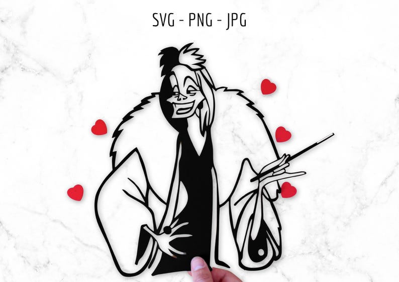 May include: Black and white illustration of Cruella de Vil from Disney's 101 Dalmatians. She is wearing a fur coat and holding a cigarette holder. There are red hearts scattered around her.