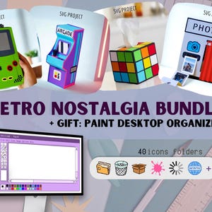 May include: A collection of papercraft desktop organizers with a retro theme. Includes a green handheld game console, an arcade machine, a Rubik's Cube tissue box, and a photo holder. The text "RETRO NOSTALGIA BUNDLE" is displayed.