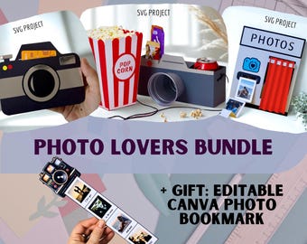 Photo Lovers-bundel SVG: camera, photobooth, popcorndozen (bewerkbaar bladwijzercadeau)