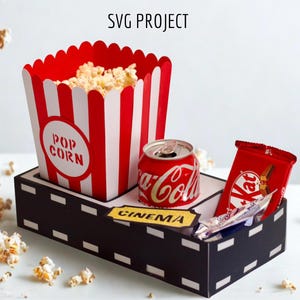 Archivo SVG para caja de cine, plantilla para bandeja de cine, bandeja para aperitivos, palomitas de maíz, máquina de corte, proyecto Cricut o Silhouette.