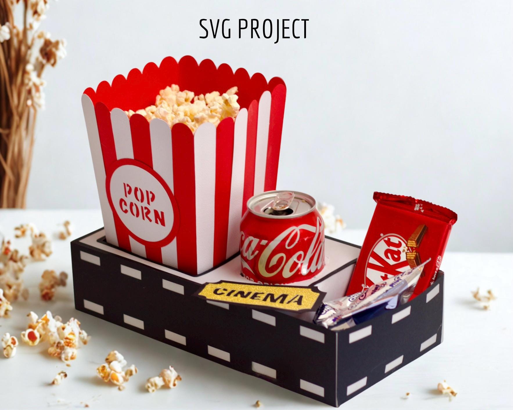 Movie night box SVG, movie tray template, snack tray, popcorn, cutting machine, Cricut or Silhouette project.