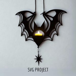ハロウィーンのコウモリのキャンドルホルダー SVG、ハロウィーンの飾り、カッティングマシンのテンプレート、Cricut または Silhouette プロジェクト。