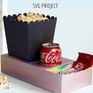 Caja de noche de película SVG, plantilla de bandeja de película, bandeja de refrigerio, palomitas de maíz, máquina de corte, proyecto Cricut o Silhouette.