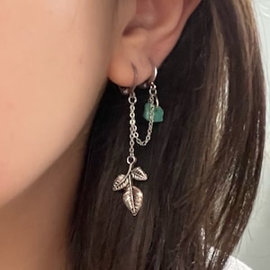 Blatt Doppel Piercing Ohrring Set Amazonit Kristall Zwei Loch Edelstahl Haken Silber Kette Ohrringe