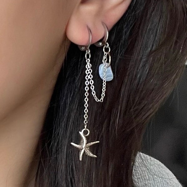 Double Piercing Earring Set with Crystal, Two Hole Earring, Double Hole Earring, Double Piercing Starfish Earrings, Stainless Steel Hook