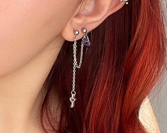 Dainty Heart Key Double Piercing Earring Set, Two Hole Earring, Double Hole Earring, Crystal Double Piercing Earring Stainless Steel Hook