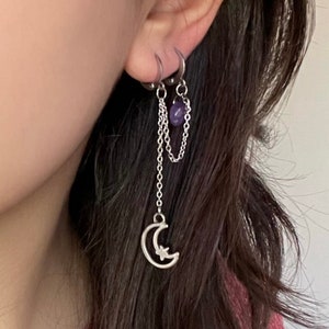 Moon and Star Double Piercing Earring Set, Two Hole Earring, Double Hole Earring, Crystal Double Piercing Earring Stainless Steel Hook