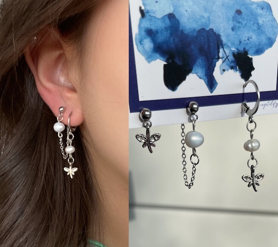 Dainty Earring Set Double Piercing Earrings With Real Pearls