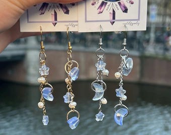 Himmlische Mond- und Sternperlentropfen baumeln Ohrringe • Gold Edelstahl • Fairycore Boho Geschenk
