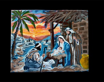 Sunset Nativity Acrylic Painting | Holy Family Scene, 8x10 Canvas Wall Decor