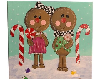 Christmas Gingerbread friends painting, hand painted on 10 x 10 inch canvas