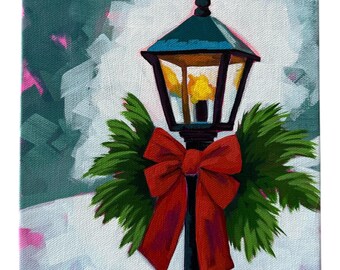 Holiday Lampost acrylic painting, 8 by 8 inch canvas; gaslight painting