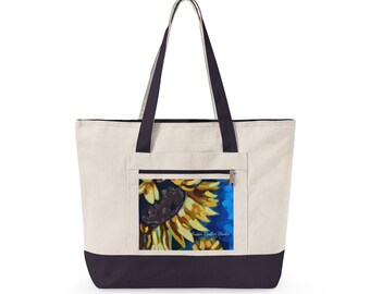 Sunflower Painting Zippered Canvas Tote | Floral Art Beach Bag