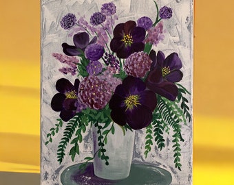Purple Pansy Flowers in Vase, hand painted floral