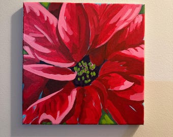 Red Poinsettia floral painting; hand painted on a 10 x 10 inch canvas