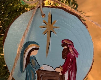 Manger Nativity hand painted Wood Ornament the First Noel