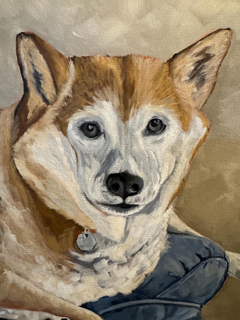 May include: Oil painting of a Shiba Inu dog with a brown and white coat, wearing a small tag on its collar. The dog is looking directly at the viewer. The background is a neutral beige color.