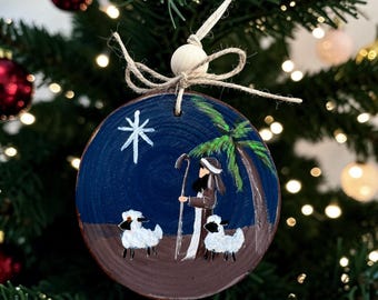 Shepherd with sheep Nativity Ornament hand painted original Away in The Manger