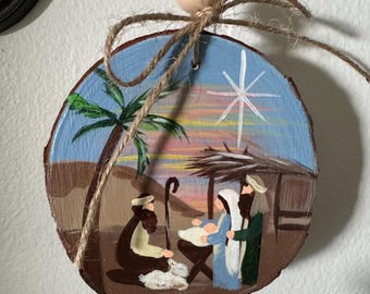 Hand-Painted Nativity Ornament on Wood Slice | Rustic Manger Christmas Decor