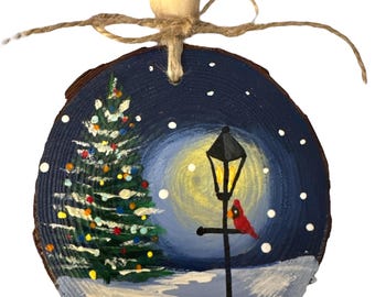 Christmas gaslight ornament, Cardinal memorial, Christmas Tree scene; Wood slice ornament; hand painted original