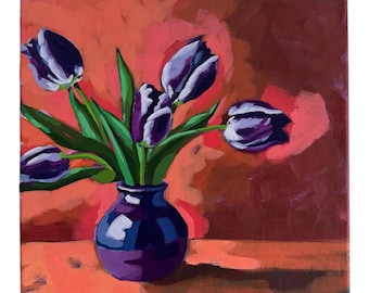 Violet tulip floral painting; hand painted; 10 x 10 canvas