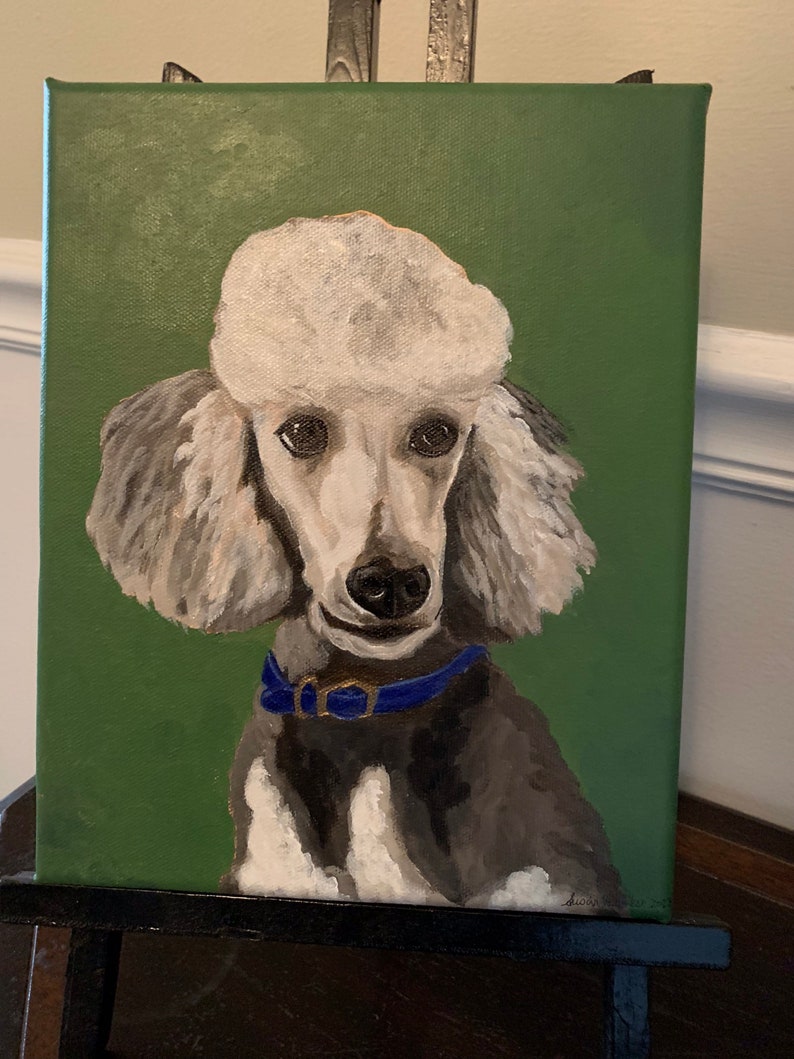May include: A painted portrait of a poodle on a green background. The poodle has white fur with gray accents, a blue collar, and a black nose. The painting is displayed on a black easel.