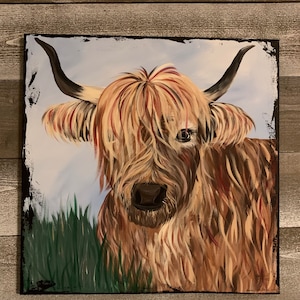 Rustic Highland Cow painting, hand painted, original, 18 by 18 canvas
