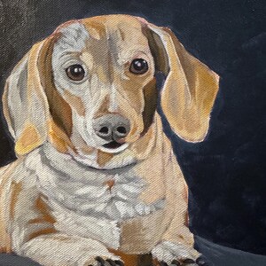 May include: A detailed painting of a dachshund dog with a light brown coat and floppy ears. The dog is depicted in a seated position, with a focused gaze and a dark background. The artwork captures the dog's features with realistic detail.