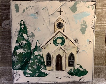Farmhouse Winter Church Painting, Textured Acrylic, 12x12 Canvas