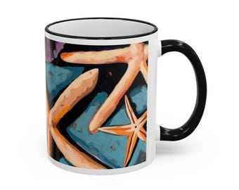 Starfish Coastal Art Mug | Accent Rim & Handle Ceramic Beach Design