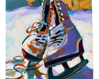 Hand Painted Ice Skates on Canvas; Impressionistic Art (10x10 inch)
