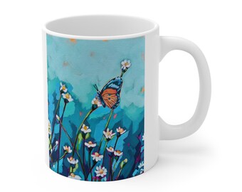 Butterfly & Wildflowers Painting Mug | Artist Signature Ceramic Coffee Cup