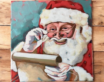 Vintage Santa Claus Checking it twice! Acrylic Painting on Canvas (12x12)