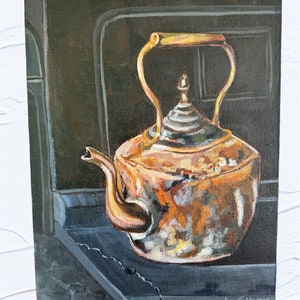 May include: A painting of a copper kettle with a brass handle and spout, sitting on a black surface. The kettle has a worn, aged look and is slightly tarnished. The background is a dark green color, suggesting the kettle is in front of a fireplace.