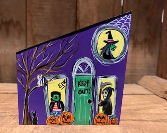 Purple Wooden Haunted House reversible with green and orange Pumpkins on back, Hand-painted original, Halloween decor