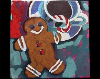 Gingerbread man coffee break painting; 10 x 10 hand painted canvas