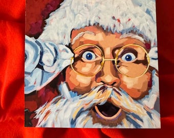 Christmas Art print on 5 x 5 inch wooden cradle; Santa, Reindeer, Poinsettia, Nativity, Snowman