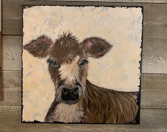 Hand-Painted Calf Painting, Original Western Art, Textured Acrylic (18x18)