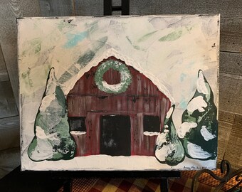Snow on Rustic Barn, Winter Country barn, Winter Barn scene, Farmhouse Barn Acrylic painting