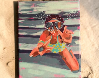 Acrylic Underwater Girl Painting 8x10 | Colorful Pool Swimmer Art | Beach House Wall Decor | Coastal Canvas Artwork | Summer Vacation