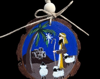 Hand-Painted Shepherd Nativity Wood Slice Ornament | Rustic Christian Christmas Tree Decor