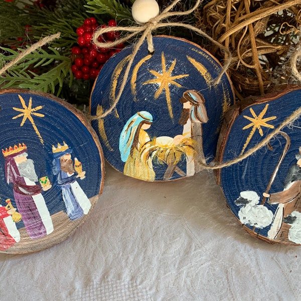 Nativity Ornament Set, Away in a Manger, hand painted, original, wood