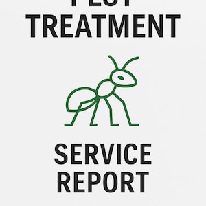 Może przedstawiać: Białe tło z czarnymi słowami "PEST TREATMENT" i "SERVICE REPORT". Zielony kontur mrówki znajduje się na środku. Tekst "DIGITAL DOWNLOAD PDF" znajduje się na dole.
