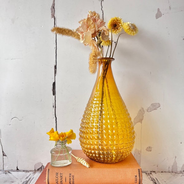 Amber Hobnail Textured Recycled Glass, Recycled Stem Flower Vase, Rustic Flower Vase, Home Décor Vase, Amber Rustic Vase, 12x23cm