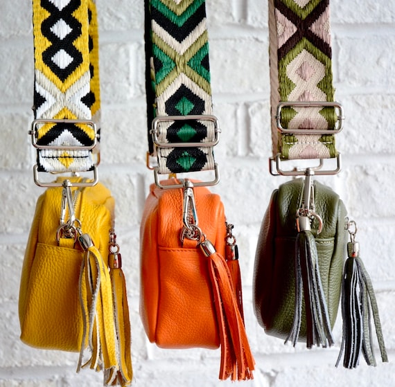 Cross Body Bag With Patterned Strap Leather Disco Bag Camera Bag Leather Tassel Bag Cross Body Bag With Detachable Strap Etsy