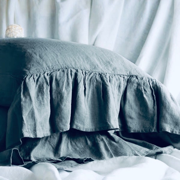 Ruffled linen pillowcase, 100 percent stonewashed linen pillowcases with ruffles. Custom size, Made to order.