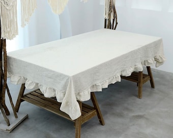 Stonewashed Linen Ruffle Tablecloth, Custom Size