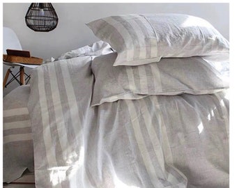 Stonewashed Linen Duvet Cover Set, Grey White Stripe, Custom Size